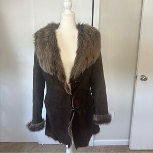 Furry Shearling Merino Lambskin Brown Women’s Trenchcoat Toggle Button 36/S